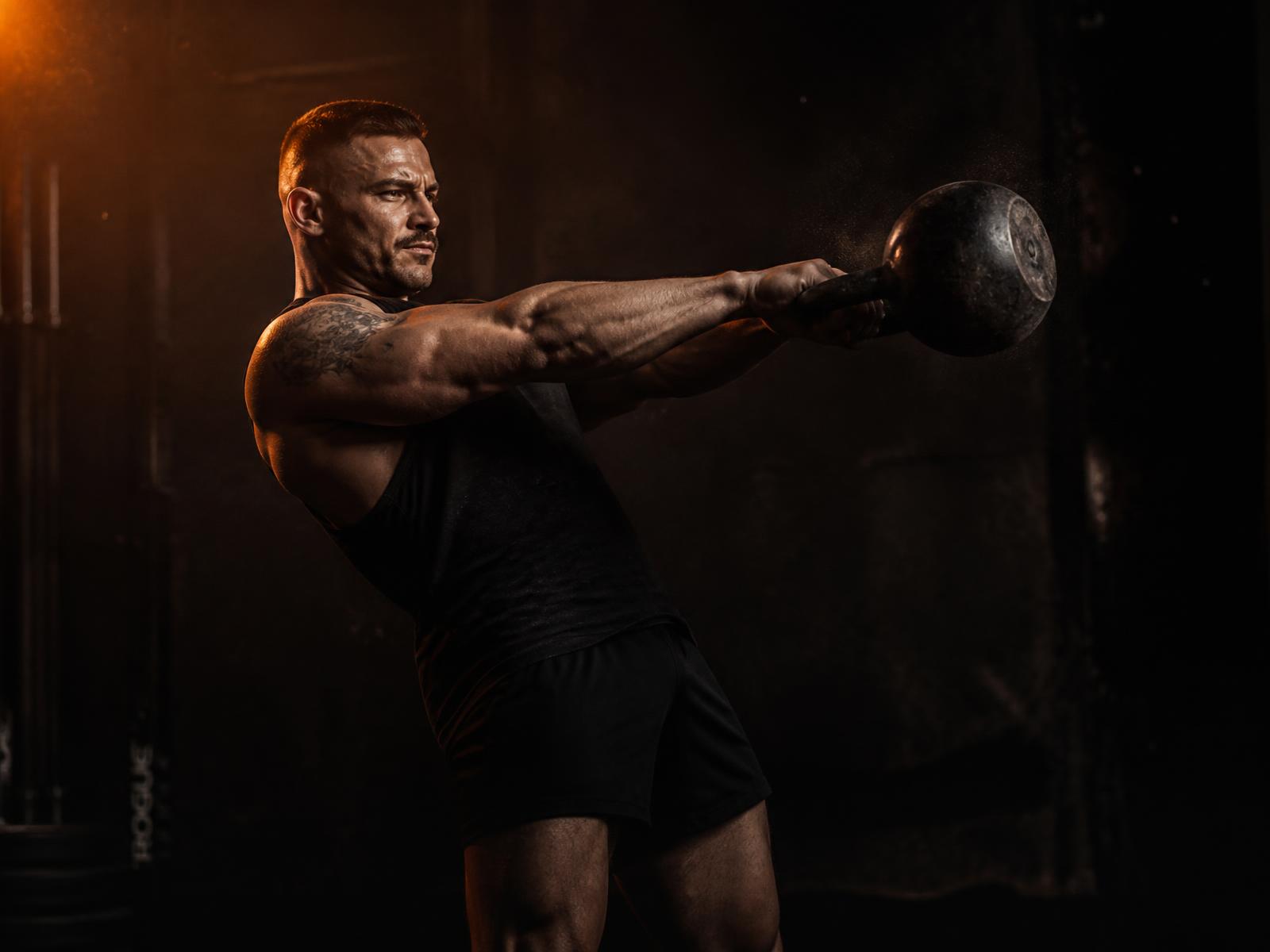 Coach performing a heavy kettlebell swing in a dark gym