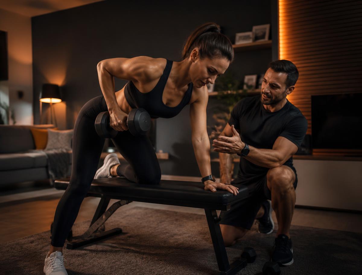 Trainer coaching a client through a dumbbell row in their living room